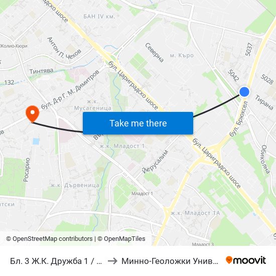 Бл. 3 Ж.К. Дружба 1 / Bl. 3, Druzhba 1 Qr.  (0184) to Минно-Геоложки Университет ""Св.Иван Рилски"" map