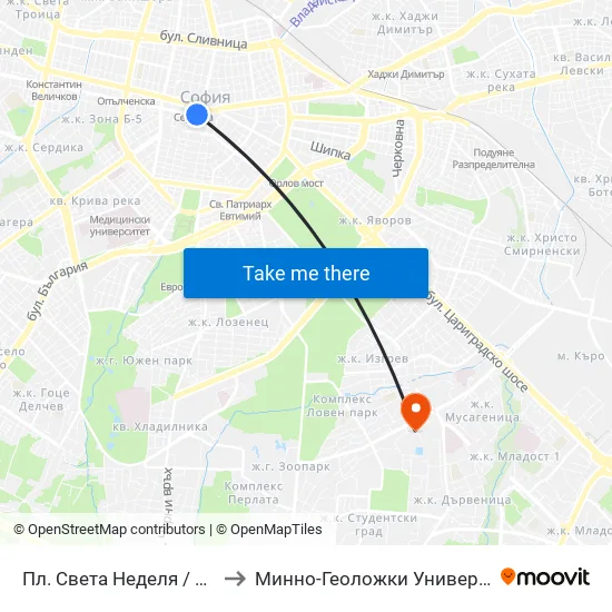 Пл. Света Неделя / St. Nedelya Sq. (1308) to Минно-Геоложки Университет ""Св.Иван Рилски"" map