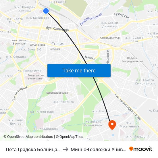 Пета Градска Болница / 5-Th City Hospital (1254) to Минно-Геоложки Университет ""Св.Иван Рилски"" map