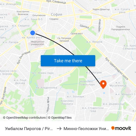 Умбалсм Пирогов / Pirogov Emergency Hospital (0760) to Минно-Геоложки Университет ""Св.Иван Рилски"" map