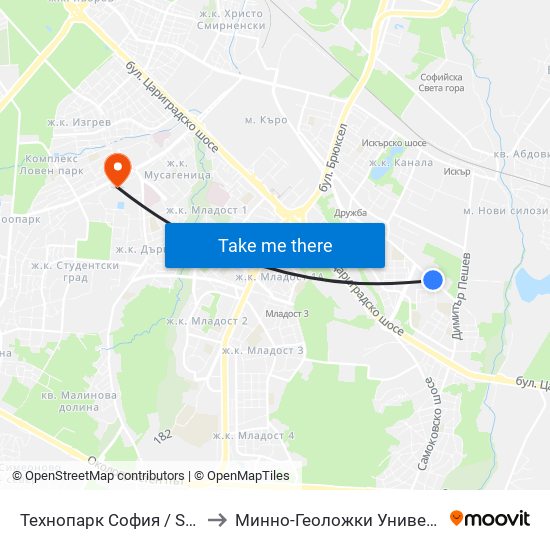 Технопарк София / Sofia Technopark (0189) to Минно-Геоложки Университет ""Св.Иван Рилски"" map