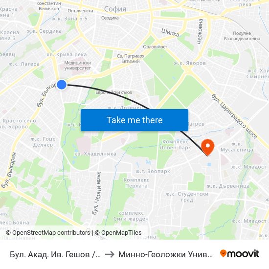 Бул. Акад. Ив. Гешов / Ivan Geshov Blvd. (0272) to Минно-Геоложки Университет ""Св.Иван Рилски"" map