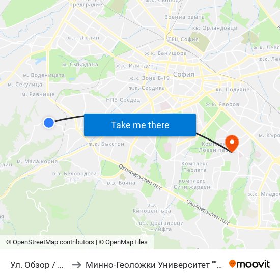 Ул. Обзор / Obzor St. to Минно-Геоложки Университет ""Св.Иван Рилски"" map
