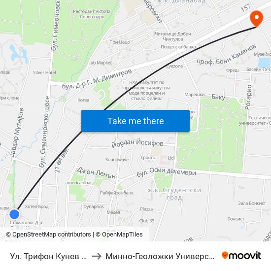 Ул. Трифон Кунев / Trifon Kunev St. to Минно-Геоложки Университет ""Св.Иван Рилски"" map