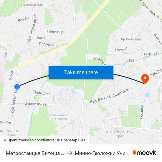 Метростанция Витоша / Vitosha Metro Station (0910) to Минно-Геоложки Университет ""Св.Иван Рилски"" map