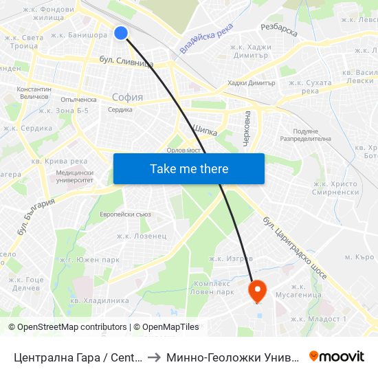 Централна Гара / Central Railway Station (1333) to Минно-Геоложки Университет ""Св.Иван Рилски"" map