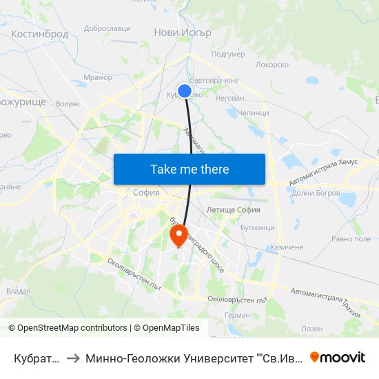 Кубратово to Минно-Геоложки Университет ""Св.Иван Рилски"" map