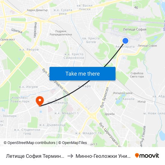 Летище София Терминал 1 / Sofia Airport Terminal 1 to Минно-Геоложки Университет ""Св.Иван Рилски"" map