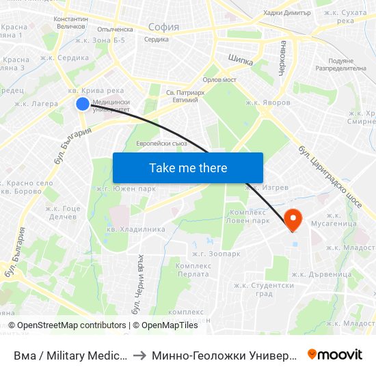 Вма / Military Medical Academy (0418) to Минно-Геоложки Университет ""Св.Иван Рилски"" map