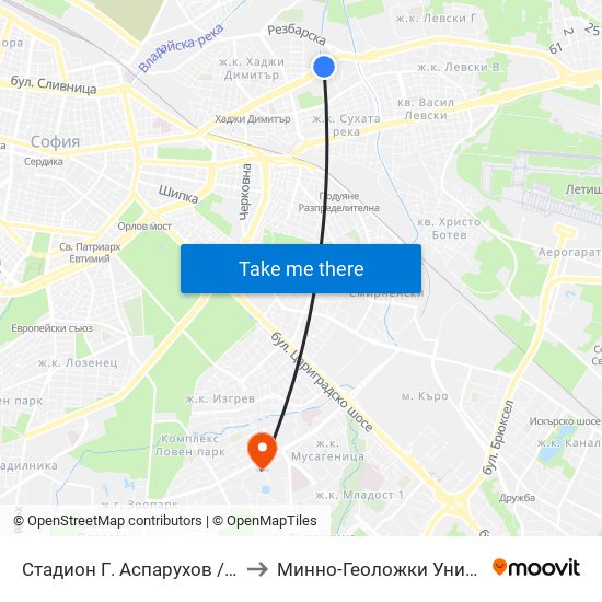 Стадион Г. Аспарухов / G. Asparuhov Stadium (1615) to Минно-Геоложки Университет ""Св.Иван Рилски"" map