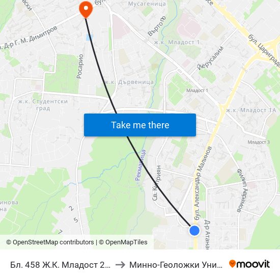 Бл. 458 Ж.К. Младост 2 / Bl. 458, Mladost 2 Qr. (2754) to Минно-Геоложки Университет ""Св.Иван Рилски"" map