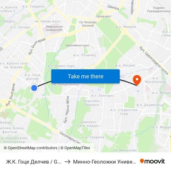 Ж.К. Гоце Делчев / Gotse Delchev Qr. (0600) to Минно-Геоложки Университет ""Св.Иван Рилски"" map