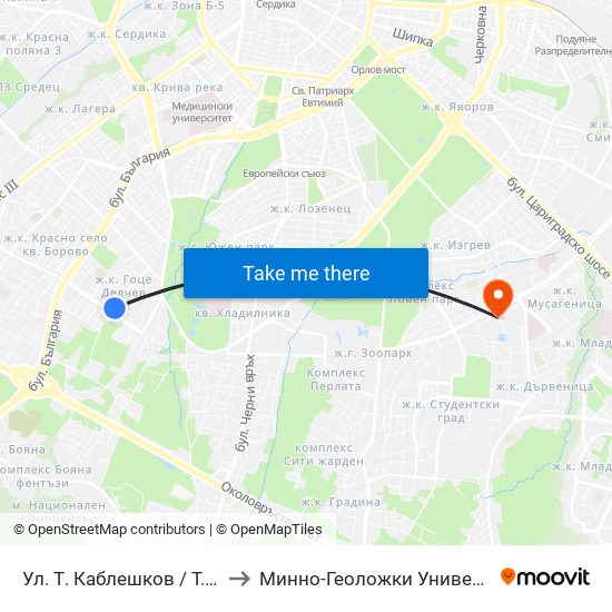 Ул. Т. Каблешков / T. Kableshkov St. (0484) to Минно-Геоложки Университет ""Св.Иван Рилски"" map