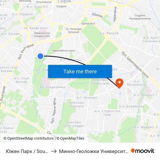 Южен Парк / South Park (2379) to Минно-Геоложки Университет ""Св.Иван Рилски"" map