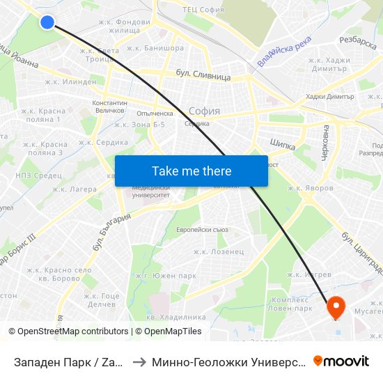 Западен Парк / Zapaden Park (1251) to Минно-Геоложки Университет ""Св.Иван Рилски"" map
