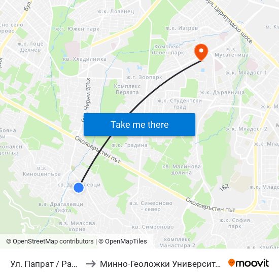 Ул. Папрат / Paprat St (6703) to Минно-Геоложки Университет ""Св.Иван Рилски"" map