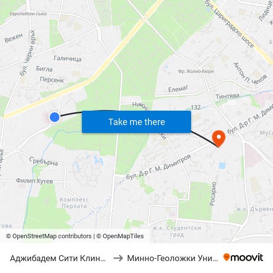 Аджибадем Сити Клиник / Acibadem City Clinic (2778) to Минно-Геоложки Университет ""Св.Иван Рилски"" map
