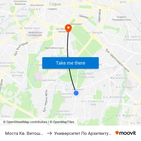 Моста Кв. Витоша / Vitosha the Bridge (1076) to Университет По Архитектура, Строителство И Геодезия - Ректорат map