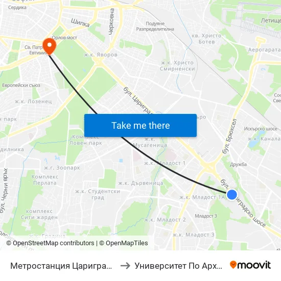 Ⓜ️ Метростанция Цариградско Шосе / Tsarigradsko Shosse Metro Station (1017) to Университет По Архитектура, Строителство И Геодезия - Ректорат map