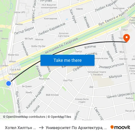 Хотел Хилтън / Hilton Hotel (0397) to Университет По Архитектура, Строителство И Геодезия - Ректорат map