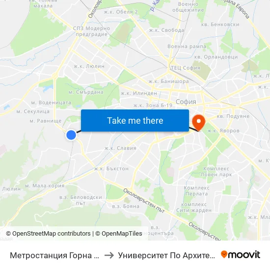 Ⓜ️ Метростанция Горна Баня / Gorna Banya Metro Station (0685) to Университет По Архитектура, Строителство И Геодезия - Ректорат map