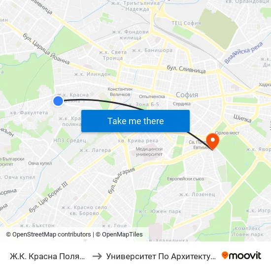 Ж.К. Красна Поляна / Krasna Polyana Qr. (2162) to Университет По Архитектура, Строителство И Геодезия - Ректорат map