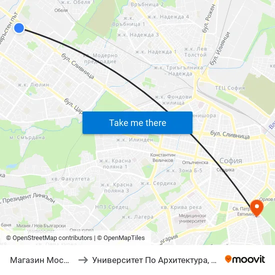 Магазин Мосю Бриколаж (2385) to Университет По Архитектура, Строителство И Геодезия - Ректорат map