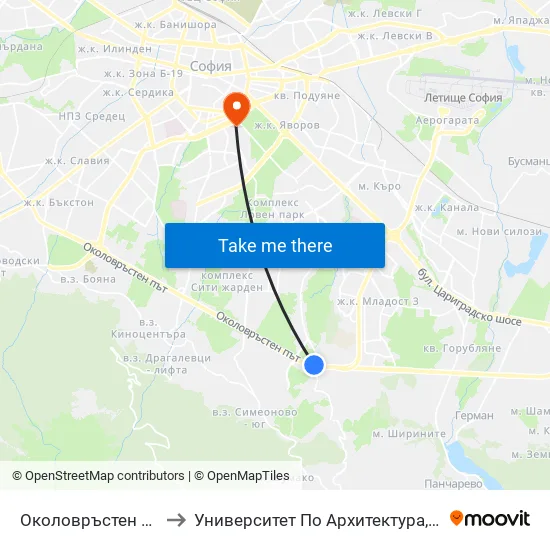🛍️ Околовръстен Път / Ring Road (0415) to Университет По Архитектура, Строителство И Геодезия - Ректорат map