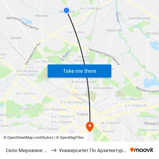👋 Село Мировяне / Mirovyane Village (1549) to Университет По Архитектура, Строителство И Геодезия - Ректорат map