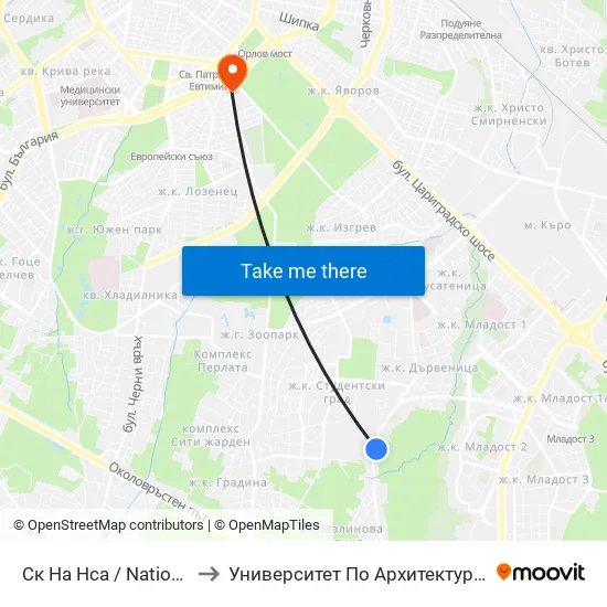 Ск На Нса / National Sports Academy (1608) to Университет По Архитектура, Строителство И Геодезия - Ректорат map