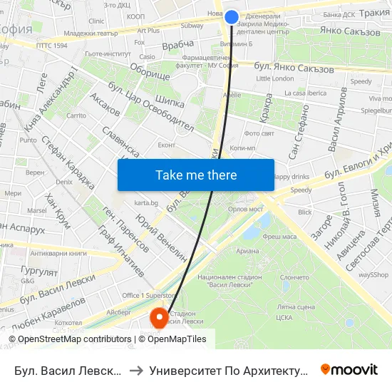Бул. Васил Левски / Vasil Levski Blvd. (0298) to Университет По Архитектура, Строителство И Геодезия - Ректорат map