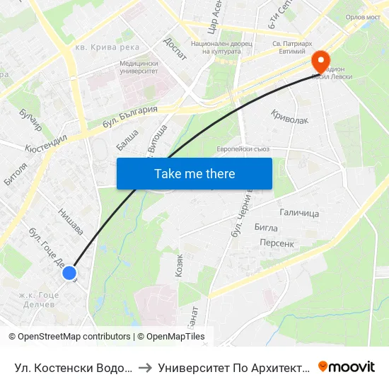 Ул. Костенски Водопад / Kostenski Vodopad (2011) to Университет По Архитектура, Строителство И Геодезия - Ректорат map