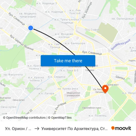 Ул. Орион / Orion St. (2090) to Университет По Архитектура, Строителство И Геодезия - Ректорат map