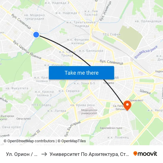 Ул. Орион / Orion St. (2092) to Университет По Архитектура, Строителство И Геодезия - Ректорат map