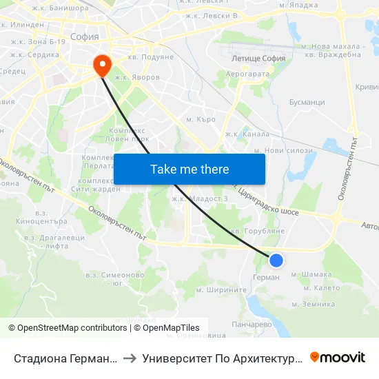 Стадиона Герман / German Stadium (1037) to Университет По Архитектура, Строителство И Геодезия - Ректорат map