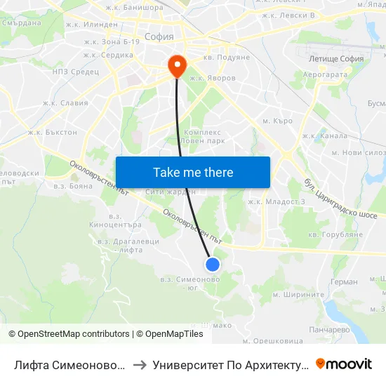 🚠 Лифта Симеоново / Aerial Lift Simeonovo (1011) to Университет По Архитектура, Строителство И Геодезия - Ректорат map