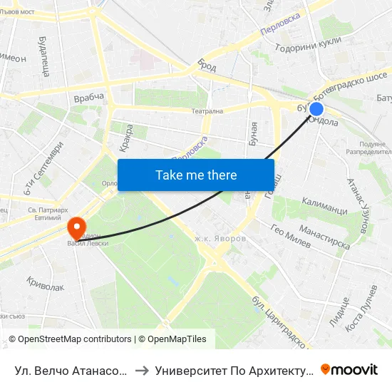 Ул. Велчо Атанасов / Velcho Atanasov St. (1865) to Университет По Архитектура, Строителство И Геодезия - Ректорат map