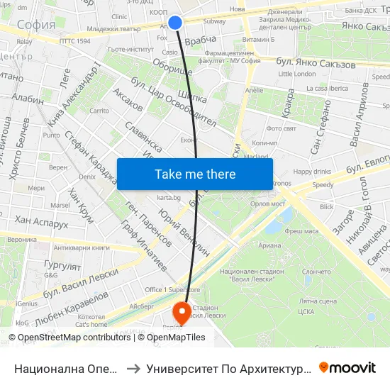 Национална Опера / National Opera (1116) to Университет По Архитектура, Строителство И Геодезия - Ректорат map