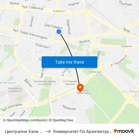 Централни Хали / Central Market Hall (2335) to Университет По Архитектура, Строителство И Геодезия - Ректорат map