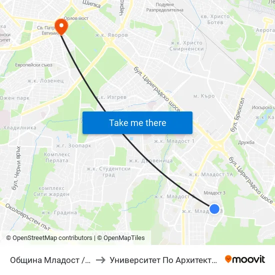 Община Младост / Municipality Of Mladost (0945) to Университет По Архитектура, Строителство И Геодезия - Ректорат map