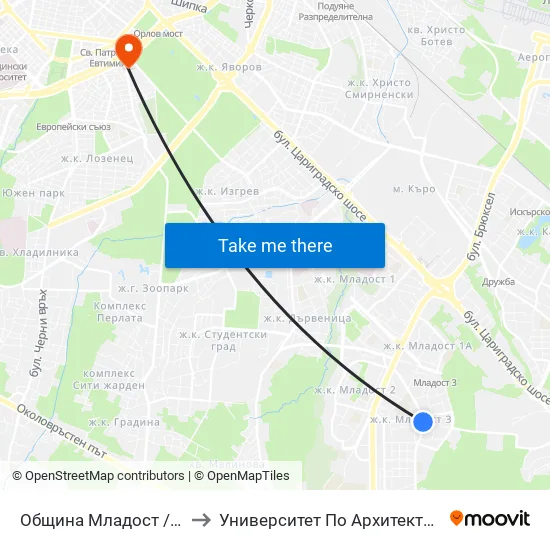Община Младост / Municipality Of Mladost (0947) to Университет По Архитектура, Строителство И Геодезия - Ректорат map