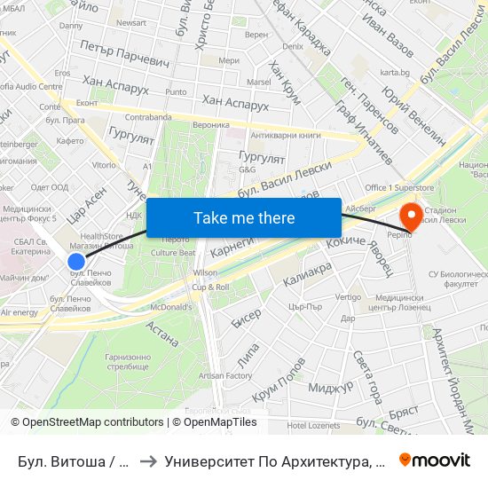 Бул. Витоша / Vitosha Blvd. (0301) to Университет По Архитектура, Строителство И Геодезия - Ректорат map