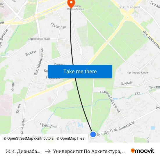 Ж.К. Дианабад / Dianabad (0603) to Университет По Архитектура, Строителство И Геодезия - Ректорат map