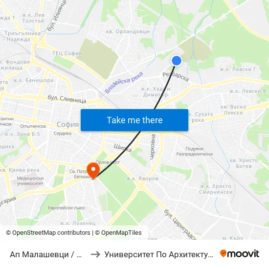 Ап Малашевци / Malashevtsi Bus Depot (0081) to Университет По Архитектура, Строителство И Геодезия - Ректорат map