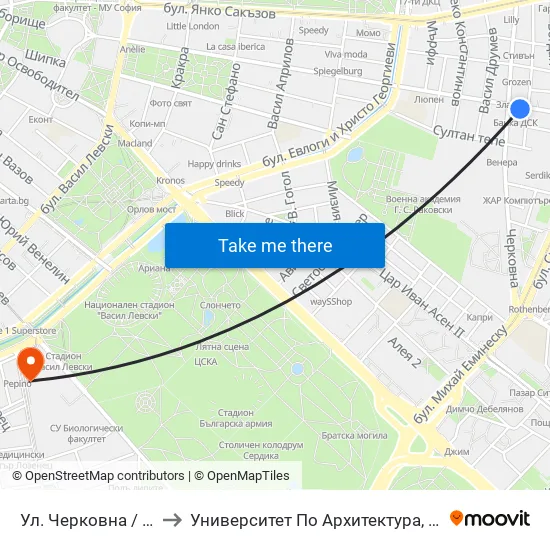 Ул. Черковна / Cherkovna St. (2258) to Университет По Архитектура, Строителство И Геодезия - Ректорат map