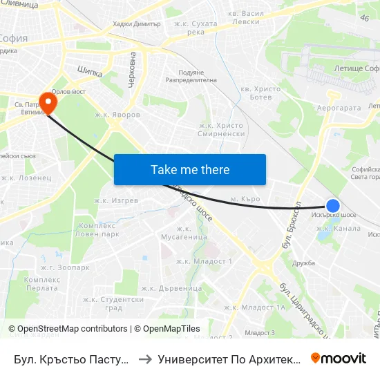 Ⓜ️ Бул. Кръстьо Пастухов / Krastyo Pastuhov Blvd. (1629) to Университет По Архитектура, Строителство И Геодезия - Ректорат map