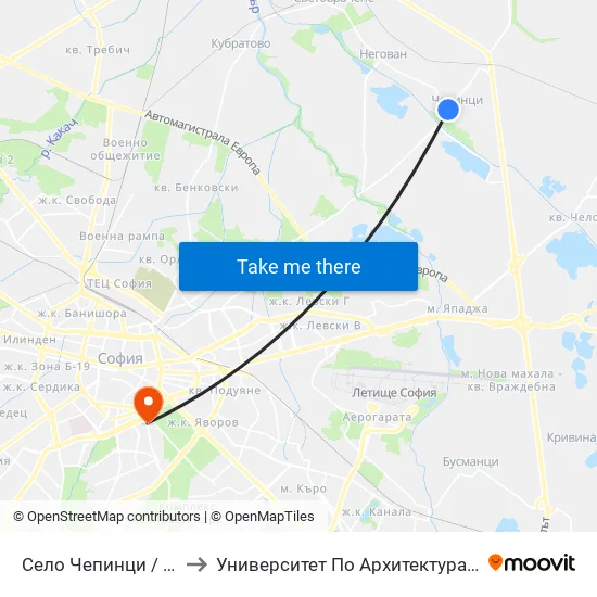 Село Чепинци / Chepintsi Village (1564) to Университет По Архитектура, Строителство И Геодезия - Ректорат map