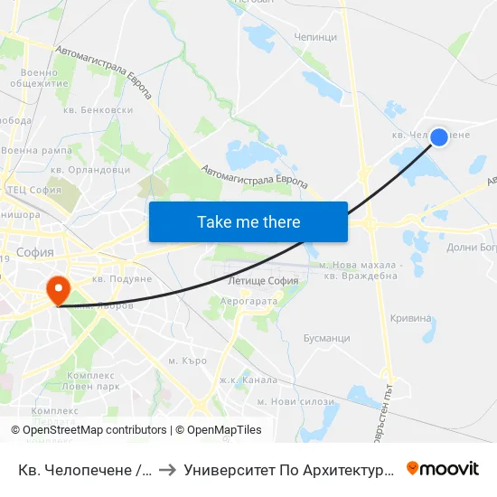 Кв. Челопечене / Chelopechene Qr. (1560) to Университет По Архитектура, Строителство И Геодезия - Ректорат map