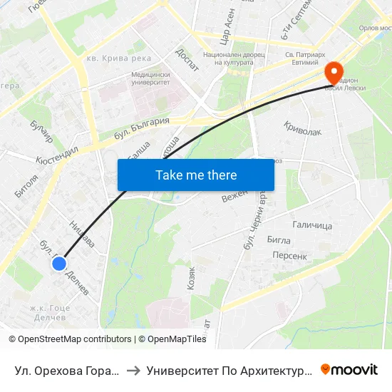 Ул. Орехова Гора / Orehova Gora St. (2088) to Университет По Архитектура, Строителство И Геодезия - Ректорат map
