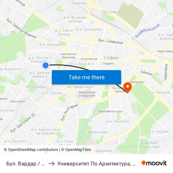 Бул. Вардар / Vardar Blvd. (0292) to Университет По Архитектура, Строителство И Геодезия - Ректорат map